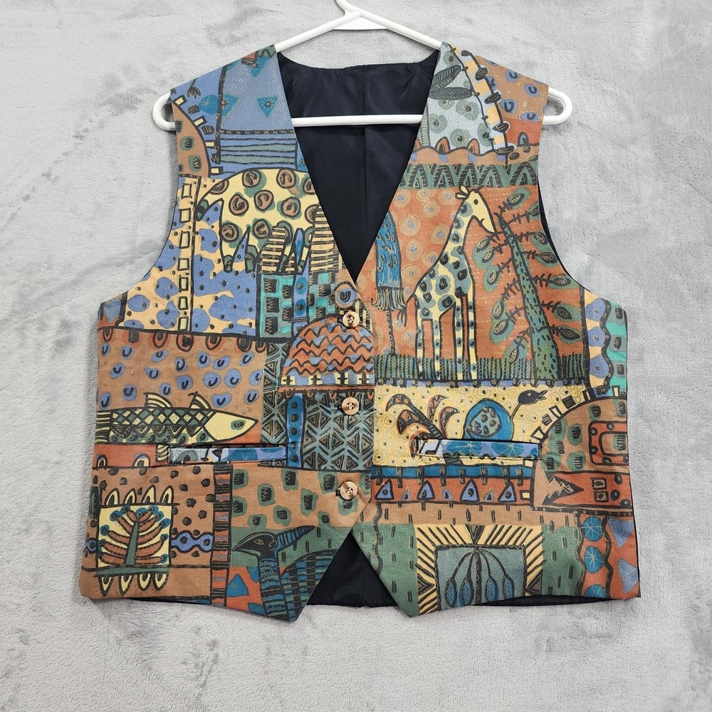 Vintage‎ Vest Womens M Multicolor Animal Art Geometric Waistcoat Giraffe Party